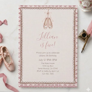 Invitación Cumpleaños número cinco de ballet vintage rosa bon