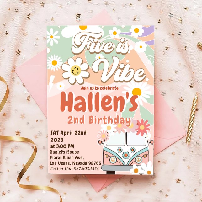 Invitación Cumpleaños número cinco Five a Vibe Groovy Retro A (Subido por el creador)