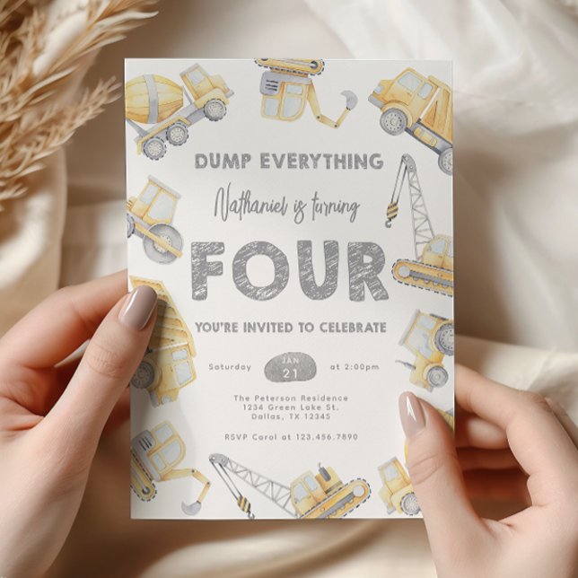 Invitación Cumpleaños número cuatro 4 de camión de volteo de  (Subido por el creador)