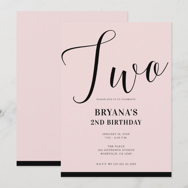 Invitación Cumpleaños número DOS 2ND en rosa negro moderno mi (Anverso / Reverso)