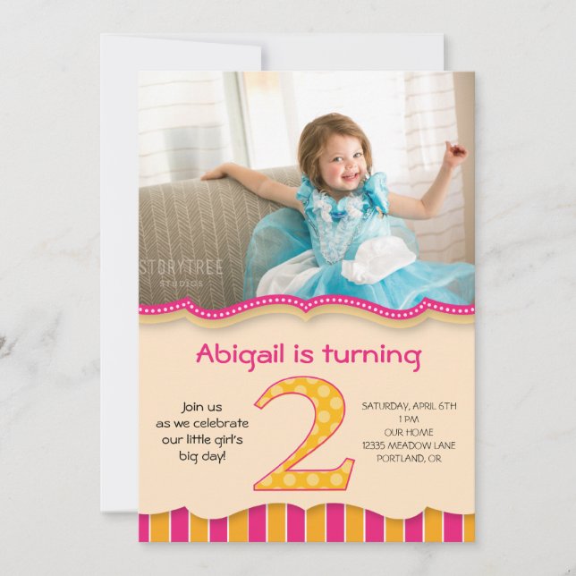 Invitación Cumpleaños número dos de niñas lindas de rosa/nara (Anverso)