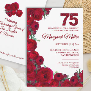 Invitación Cumpleaños número floral rojo atrevido elegante 75