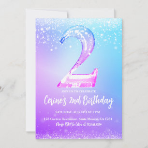 Invitación Cumpleaños número hielo brillo blanco Niña 2do Cum