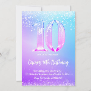 Invitación Cumpleaños número hielo purpurina blanca niña 10º