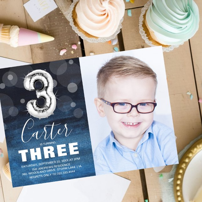 Invitación Cumpleaños número tres Globo de plata | Fiesta de  (Subido por el creador)