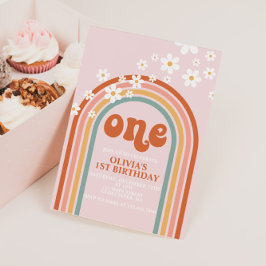 Invitación Cumpleaños número uno Boho Daisy arcoíris