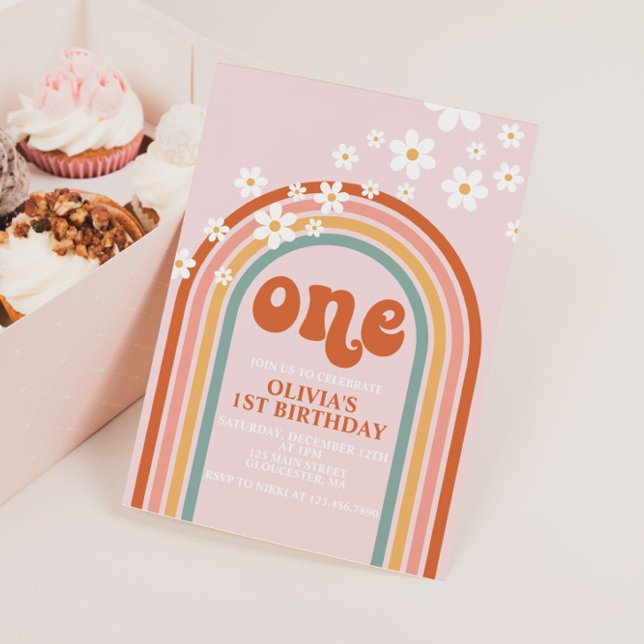 Invitación Cumpleaños número uno Boho Daisy arcoíris (Subido por el creador)
