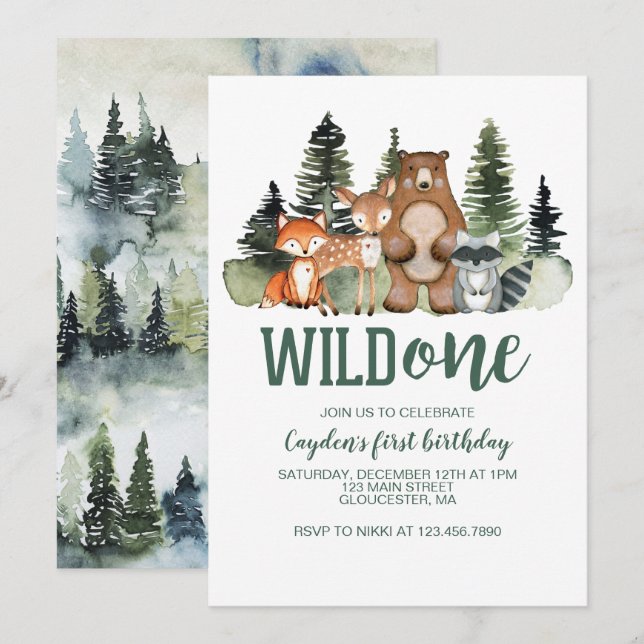 Invitación Cumpleaños número uno con animales del bosque (Anverso / Reverso)