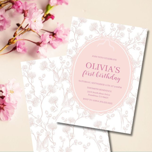 Invitación Cumpleaños número uno con Chinoiserie rosa (Elegant pink chinoiserie birthday invitation, perfect for a girl’s first or any age party.)