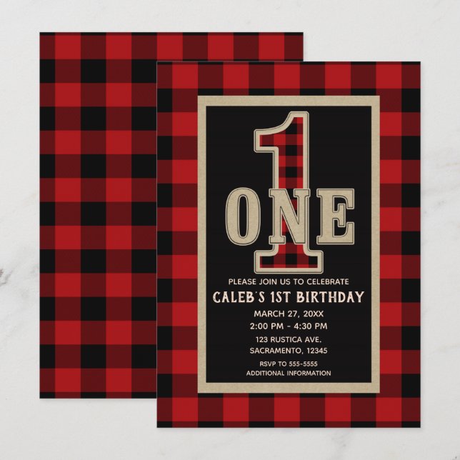 Invitación Cumpleaños número uno con cuadros de búfalo de roj (Anverso / Reverso)