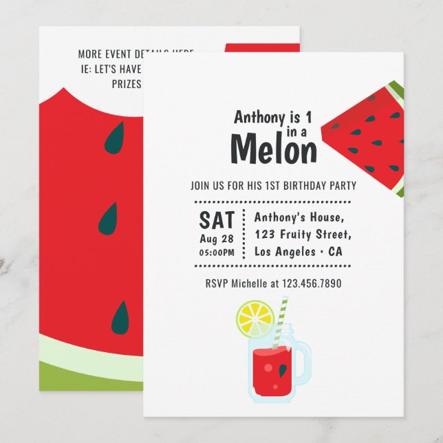 Invitación Cumpleaños número uno con el tema de una sandía (Anverso / Reverso)