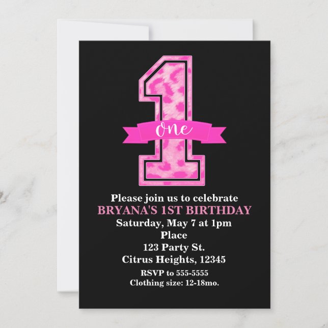 Invitación Cumpleaños número uno con estampado de leopardo ro (Anverso)