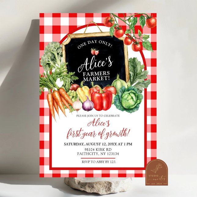 Invitación Cumpleaños número uno con género primero Gingham M (Subido por el creador)