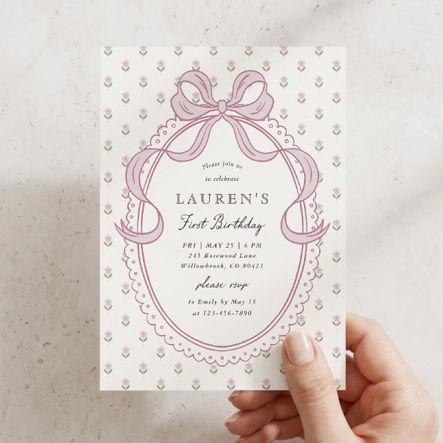 Invitación Cumpleaños número uno con patrón floral de lazo ro (Subido por el creador)