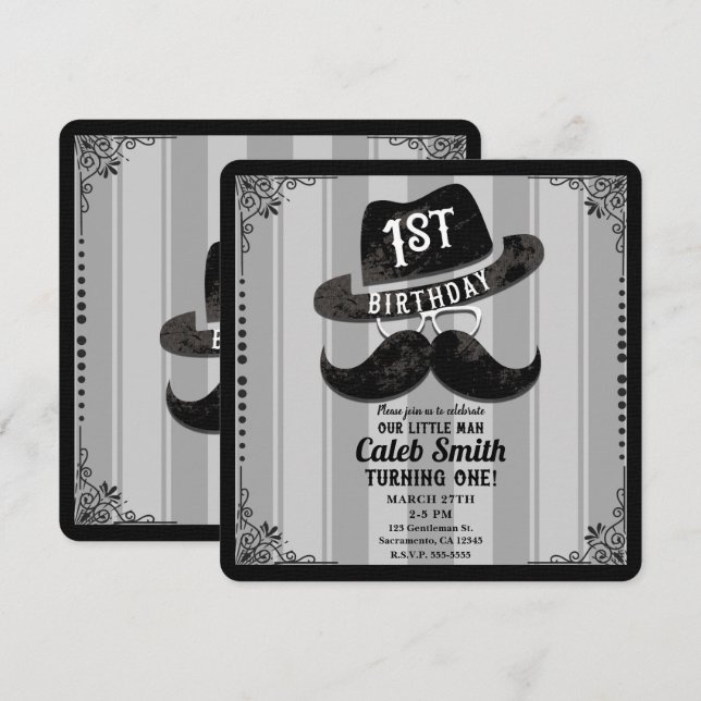 Invitación Cumpleaños número uno con sombrero y gafas de bigo (Anverso / Reverso)