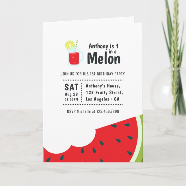 Invitación Cumpleaños número uno con tema de sandía (Anverso)