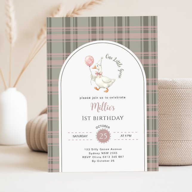 Invitación Cumpleaños número uno de Bebé Ganso con Lazo Rosa (Subido por el creador)