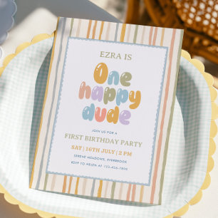 Invitación Cumpleaños número uno de Chico Feliz Rayas Pastel
