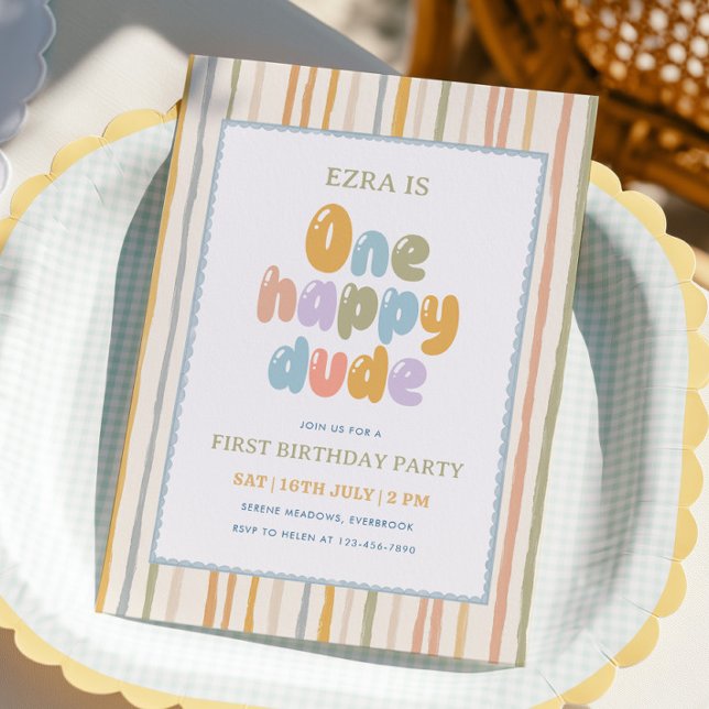 Invitación Cumpleaños número uno de Chico Feliz Rayas Pastel (Subido por el creador)