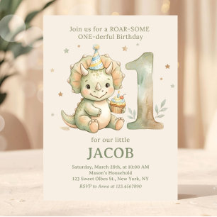 Invitación Cumpleaños número uno de Dino acuarela verde salvi