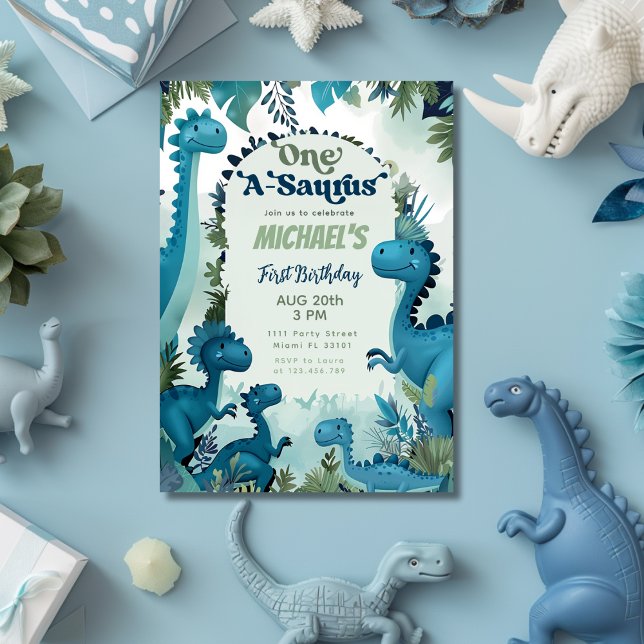 Invitación Cumpleaños número uno de Dinosaur One-A-Saurus Niñ (Dinosaur One-A-Saurus Boy Blue 1st Birthday Party Invitation)