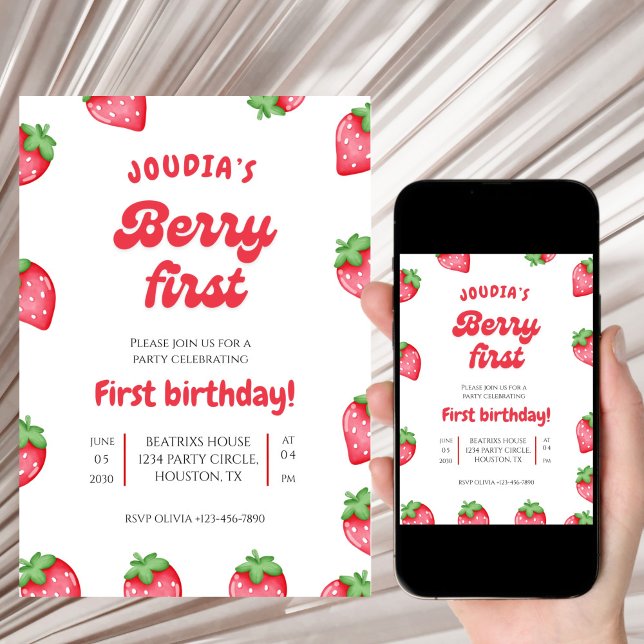 Invitación Cumpleaños Número Uno de Fresa Adorable A la Acuar (Subido por el creador)