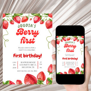 Invitación Cumpleaños Número Uno de Fresa Adorable A la Acuar