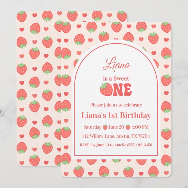Invitación Cumpleaños número uno de Fresa Dulcecita de un año (Anverso / Reverso)