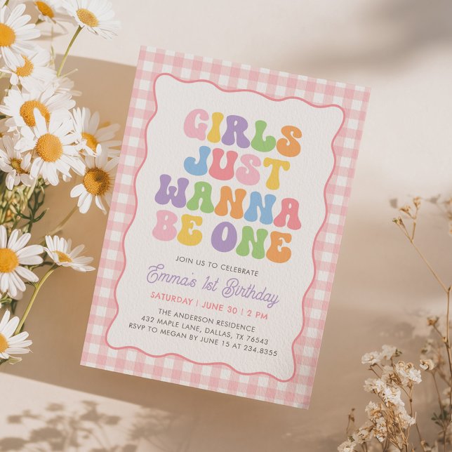 Invitación Cumpleaños número uno de gingham rosa 'Girls Just  (Subido por el creador)