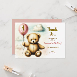 Invitación Cumpleaños número uno de globo rosa de oso de pelu