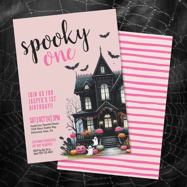 Invitación Cumpleaños número uno de Halloween rosa Spooky One (Spooky One Pink Halloween 1st Birthday Invitation)