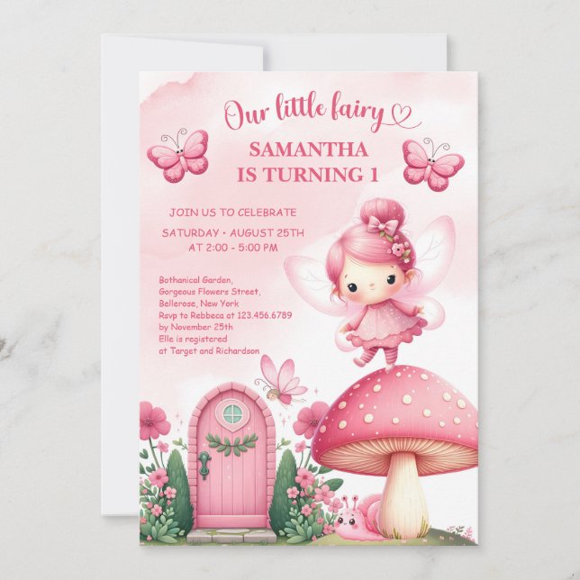 Invitación Cumpleaños número uno de la Hada de la Flor Silves (Anverso)