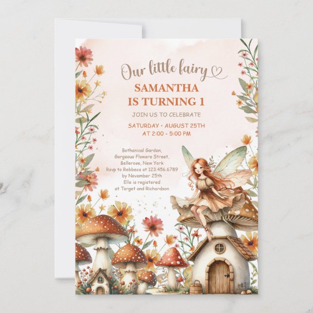 Invitación Cumpleaños número uno de la Hada de las Flores Sil (Anverso)