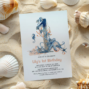 Invitación Cumpleaños número uno de la niña bajo el mar con a