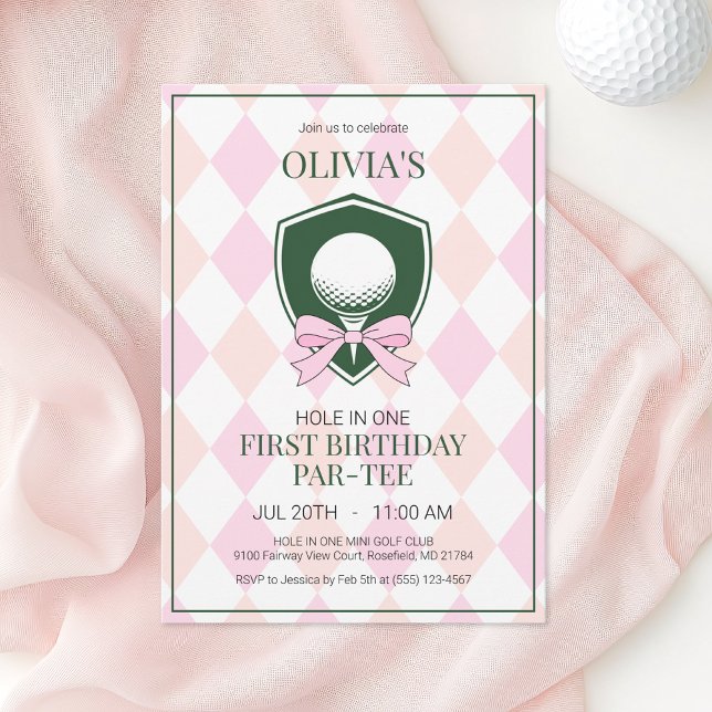 Invitación Cumpleaños número uno de las chicas de golf Hole i (Hole in One Pink Golf Girl First Birthday Party Invitation)