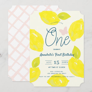 Invitación Cumpleaños número uno de limón y cuadros rosados p