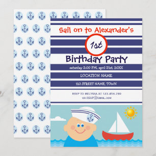 Invitación Cumpleaños número uno de marinero niño y velero en