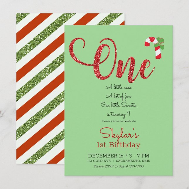 Invitación Cumpleaños número uno de Navidad con brillo rojo y (Anverso / Reverso)