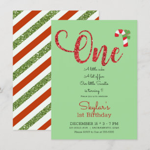 Invitación Cumpleaños número uno de Navidad con brillo rojo y