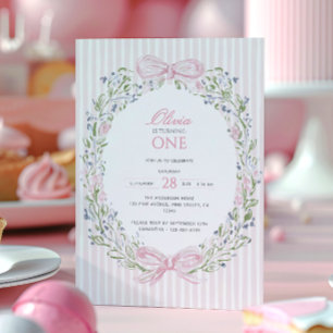 Invitación Cumpleaños número uno de niña con flores en acuare