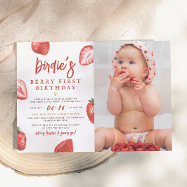 Invitación Cumpleaños número uno de niña, Fresa y Bayas, Foto