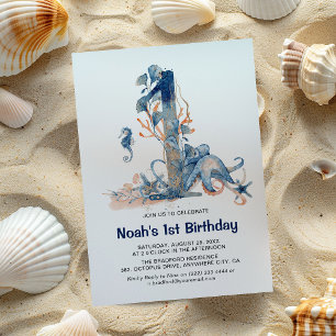 Invitación Cumpleaños número uno de niño bajo el mar con acua
