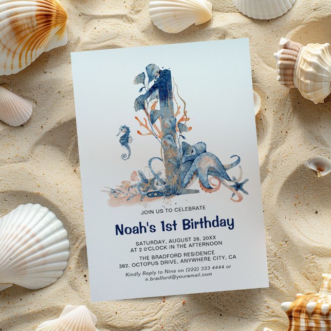 Invitación Cumpleaños número uno de niño bajo el mar con acua (Subido por el creador)