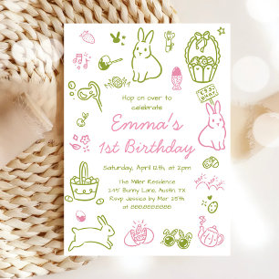 Invitación Cumpleaños número uno de Pascua rosa y verde