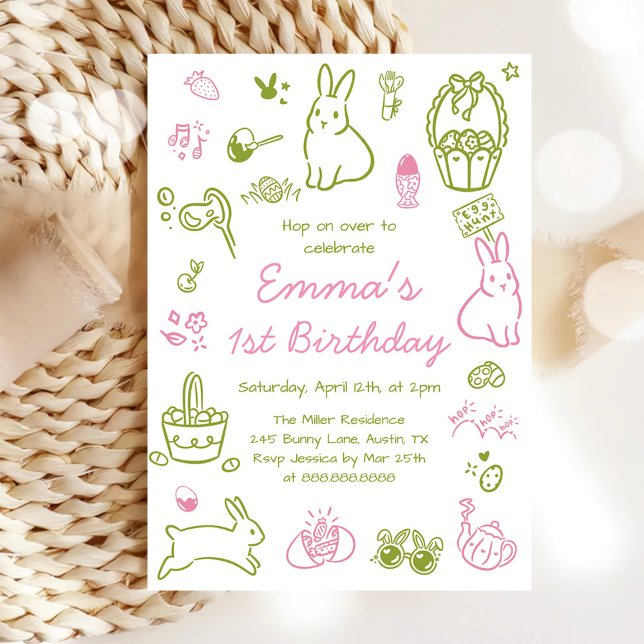 Invitación Cumpleaños número uno de Pascua rosa y verde (Subido por el creador)