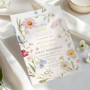 Invitación Cumpleaños número uno de Pastel Little Wildflower