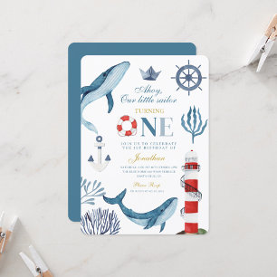 Invitación Cumpleaños número uno de pequeño marinero ballena