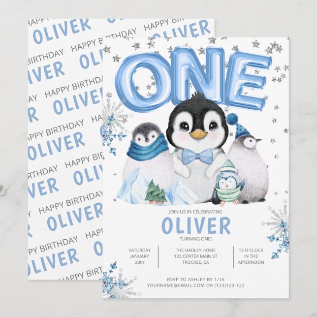 Invitación Cumpleaños número uno de pingüinos de invierno niñ (Anverso / Reverso)