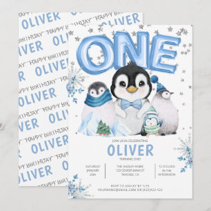 Invitación Cumpleaños número uno de pingüinos de invierno niñ