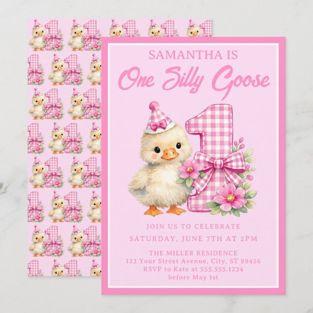 Invitación Cumpleaños número uno de Silly Goose con lazo de g (Anverso / Reverso)